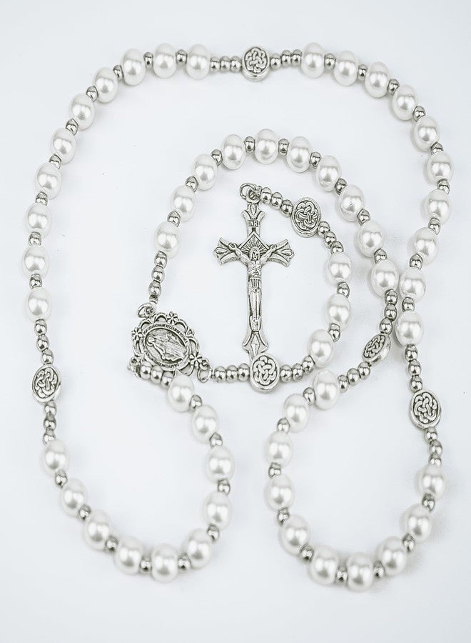 SUTANALE 8mm Glass Pearl Rosary Necklace for Women - Catholic Prayer Beads with Gift Box, Handmade Religious Jewelry for Baptism, First Communion (White) - Image 4